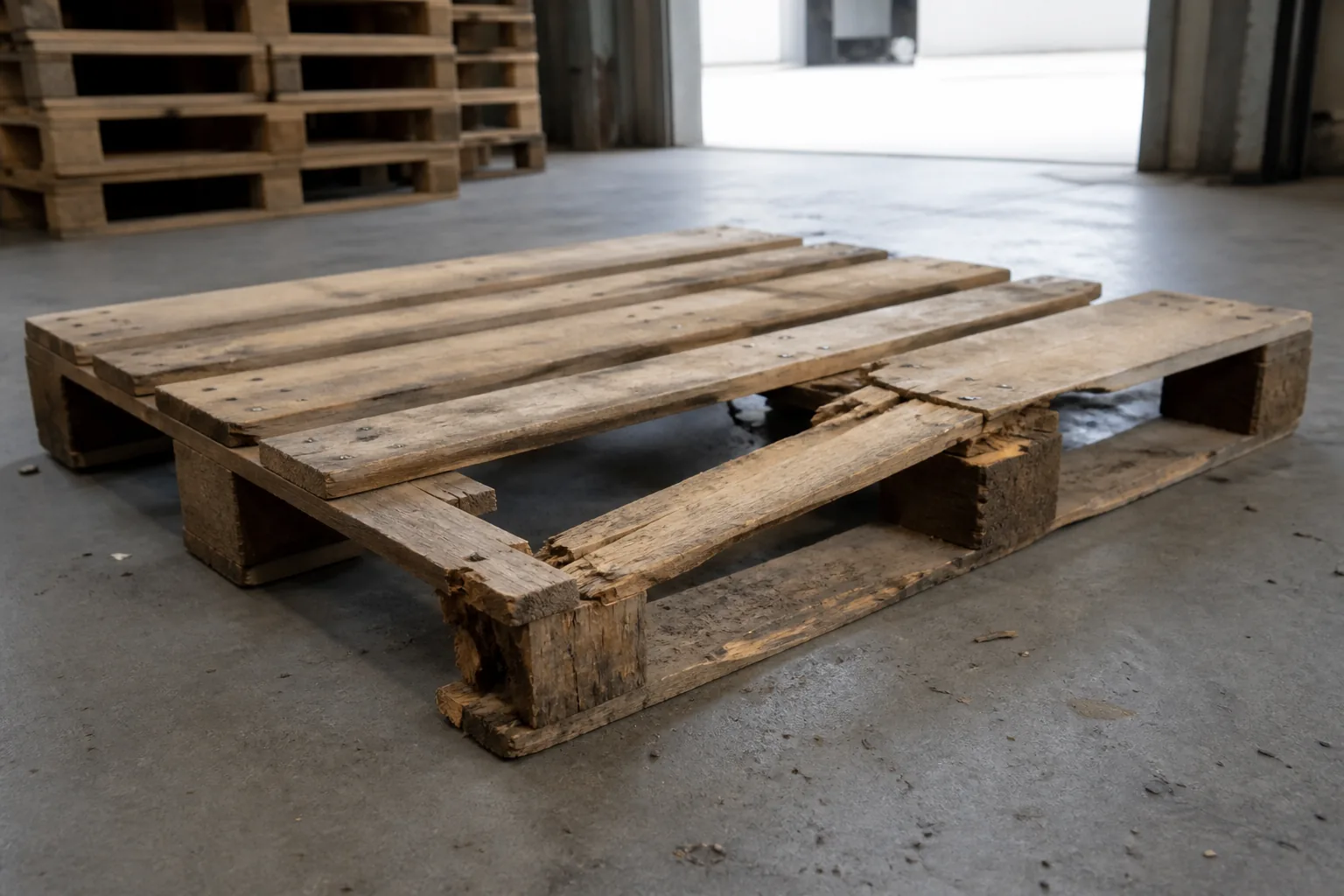Damaged euro pallet with a broken board